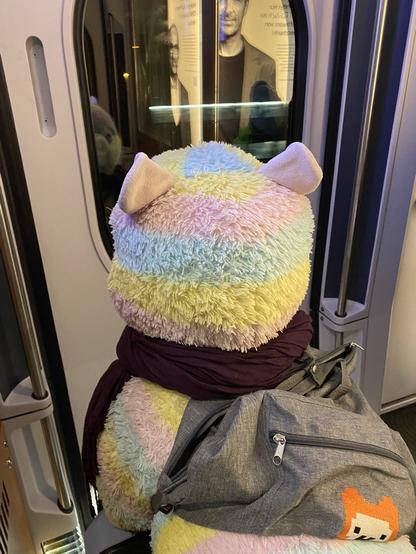 Ein Regenbogen Alpaka welches aus dem Fenster der Tür eines ICE‘s guckt