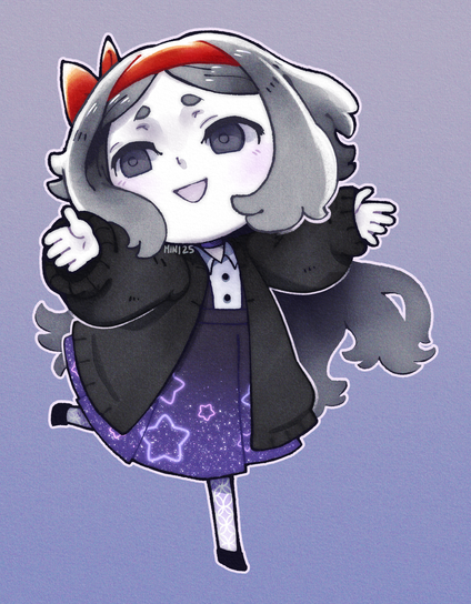 Erin (Character, They/Them pronouns) with their arms up, smiling with their mouth open.