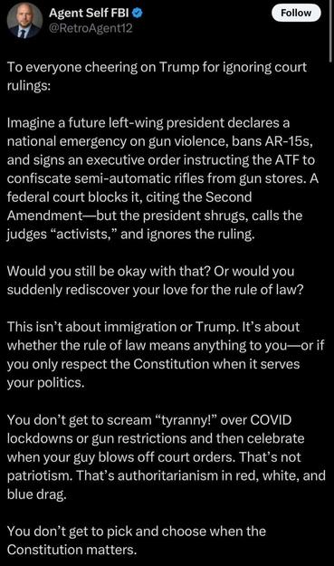 The image is a screenshot of a tweet from a user named "Agent Self FBI" with the verified checkmark, indicating a Twitter account. The tweet is set against a black background with white text. The tweet is addressed to "everyone cheering on Trump for ignoring court rulings" and discusses a hypothetical scenario involving a future left-wing president declaring a national emergency on gun violence, banning AR-15s, and signing an executive order to confiscate semi-automatic rifles from gun stores. It mentions a federal court blocking the order, citing the Second Amendment, and the president's response of calling the judges "activists" and ignoring the ruling. The tweet questions whether the reader would still be okay with this scenario and emphasizes the importance of the rule of law, regardless of political affiliation. It criticizes the selective application of constitutional principles, stating that one cannot scream "tyranny" over COVID lockdowns or gun restrictions while celebrating when a president ignores court orders. The tweet concludes by stating that the Constitution matters and that one cannot pick and choose when it applies.