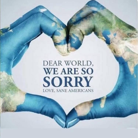(Earth hands)  DEAR WORLD, WE ARE SO SORRY. LOVE, SANE AMERICANS