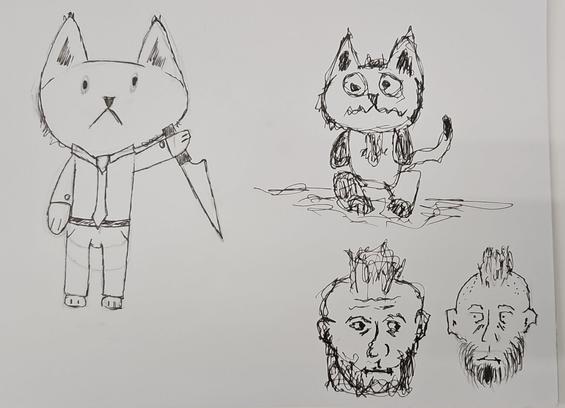 four sketches, 2 roughed on pencil and lined in ink, and two scribbled in ink only. first (tidy) is a business casual cat holding a large knife. second (scribbled) is a frazzled looking cat, who had had either too much or too little caffeine. third is a scribble man with a beard and mohawk. last is a tidier looking man with a mohawk.