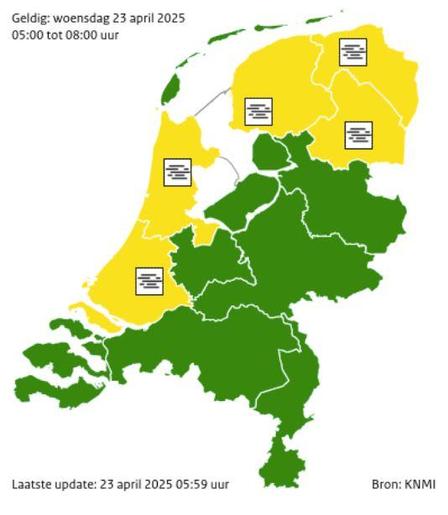 KNMI kaartje met code geel voor de provincies Zuid-Holland, Noord-Holland, Friesland, Groningen en Drenthe.