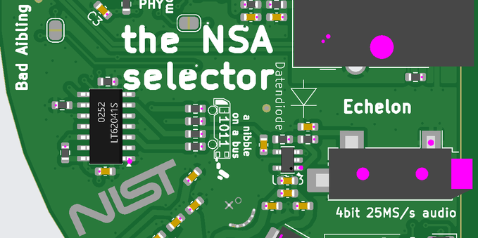 fragment of a PCB render, readable prints are "Bad Aibling", "the NSA selector", "Datendiode", "NIST", "Echelon" and a few more