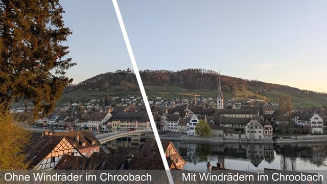 Ein Blick von der Kirche Burg Richtung Stein am Rhein und Burg Hohenklingen. Das Bild ist geteilt in einen Bereich "Ohne Windräder im Chroombach" und einen "Mit Windrädern im Chroobach". Unterschied ist keiner festzustellen