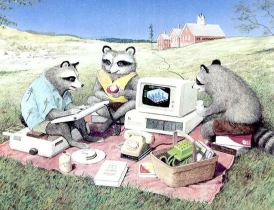 Art of a raccoon family (or friends) -- three of them -- sitting outside on a picnic blanket on their computers, and there's a cord leading to a barn in the distance