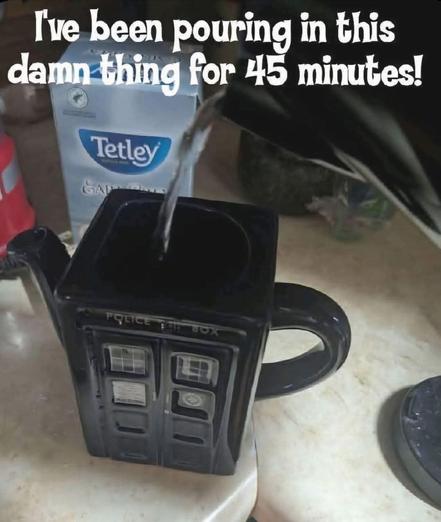 Photo of a tea pot shaped like Doctor Who's Tardis. The lid is off, and someone is pouring hot water into its top from a teakettle. Meme text reads, "I've been pouring into this damn thing for 45 minutes.'