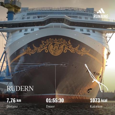 Front view of the passenger ship "Adventure" sporting a huge Mickey mouse picture right at the bow. Overlayed with metrics of the rowing training session:
- 7,76 km
- 1h 55min 30sec
- 1073 kcal