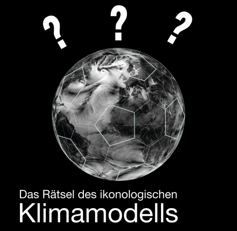 Eine Visualisierung von Oberflächenwinden auf einem Globus, der Globus ist mit einem Dreiecks-/Fünfecksgitter überzogen, das an einen Fußball erinnert. Über dem Globus stehen drei Fragezeichen, darunter steht "Das Rätsel des ikonologischen Klimamodells".