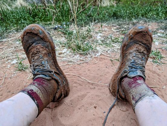 My muddy shoes after the first day. Topo Traverse, very comfy all things considered