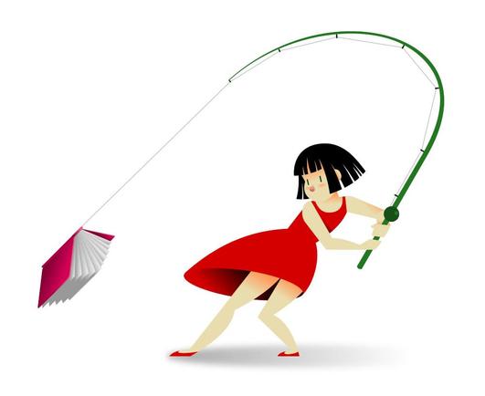 Ilustración vectorial en la que aparece una niña vestida con un vestido rojo, y que tira de una caña de pescar con la que ha capturado un libro.
//
Vector illustration that shows a girl dressed with a red dress. The girl holds a rod and has caught a book.
