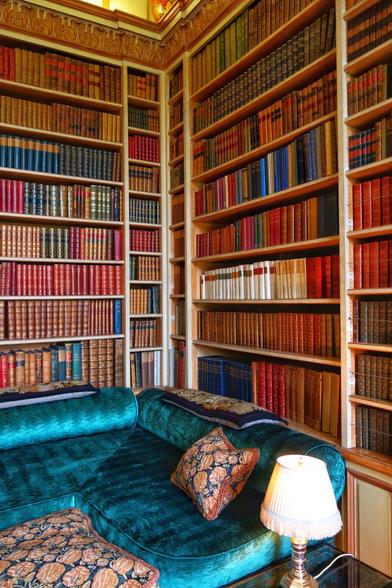 The image shows the corner of a room with floor-to-ceiling bookshelves filled with books. A plush, dark green chaise lounge sits in the foreground, adorned with patterned cushions. A lamp with a silver base and a lampshade sits on a small table next to the chaise lounge. The walls and shelves are made of wood. The books have different colours. The image is taken from a low angle, emphasizing the height of the bookshelves.