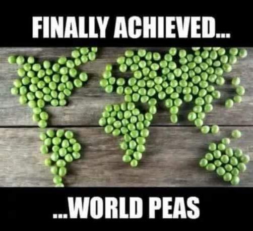 Photo showing green peas arranged in the general shape of a world map. Meme text reads, "FINALLY ACHIEVED...World Peas."