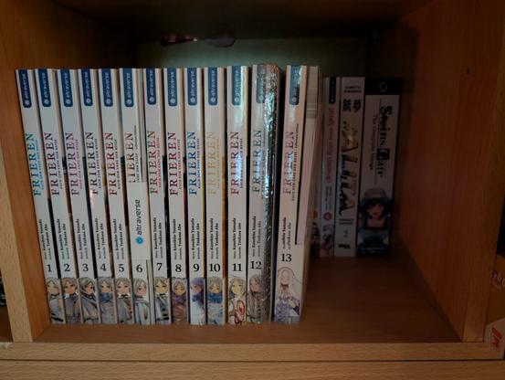 Das Bild zeigt eine Reihe von Manga-Büchern auf einem Holzregal. Die Bücher sind in einer Reihe angeordnet und tragen den Titel "FRIEREN" von Kousaka Yamaya. Die Reihe umfasst die Bände 1 bis 13, wobei die Bände 1 bis 12 in einer Reihe stehen und Band 13 etwas abseits. Die Buchrücken sind weiß mit blauen und roten Buchstaben, und die Illustrationen auf den Rückschlägen zeigen Charaktere aus dem Manga. Einige Bücher sind mit transparentem Schutzfolien verpackt. Neben der "FRIEREN"-Reihe befinden sich weitere Manga-Bücher, darunter "Steins;Gate" und "ALITA - Last Order Perfect Edition Band 2", die ebenfalls auf dem Regal stehen. Die Bücher sind in einem gut organisierten Zustand, und das Regal selbst ist aus hellem Holz gefertigt.