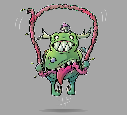 Coloured ink drawing in a cartoony style of a Nurgling jumping rope with his own intestines, protruding from his stomach-mouth.