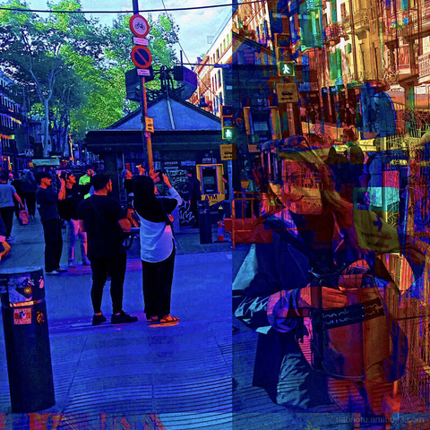 Barcelona digital edited multiple exposure street photography, made with the GNU Image Manipulation Program.