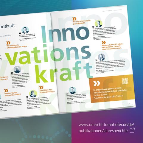 Aufgeklappter Tätigkeitsbericht von Fraunhofer UMSICHT. Zu sehen ist die Seite zum Thema Innovationskraft.