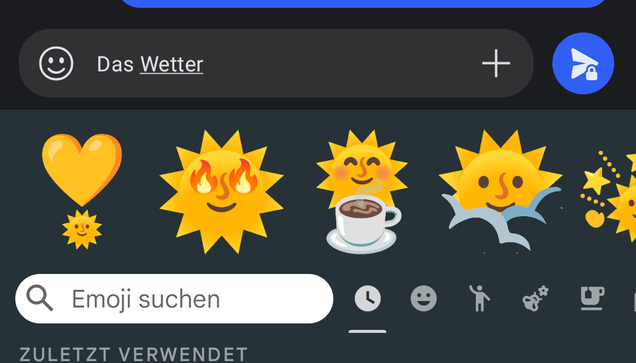 In das Textfeld wurde "Das Wetter" eingetippt, daraufhin erscheinen lauter Emoji-Variationen mit Sonnenmotiven.