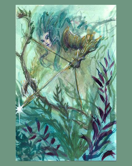 Illustration à l'encre acrylique d'une archère agile, les cheveux flottant au vent, bandant un arc fait de branches. Elle est partiellement cachée par une végétation dense aux tons de vert et de turquoise.