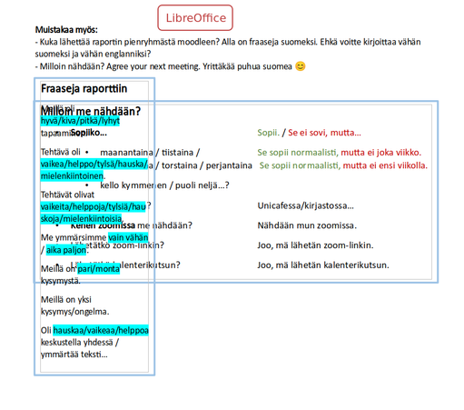 A word document with two text boxes with blue rectangular frame, they are layed out one on top of the other (content in Finnish). Compared to the original - one text box also changed its dimensions, becoming significantly narrower. Title - "LibreOffice".