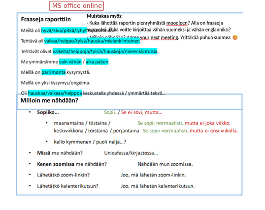 A word document with two text boxes with blue rectangular frame, they are layed out such that they overlap somewhat (content in Finnish). Title - "MS office online".