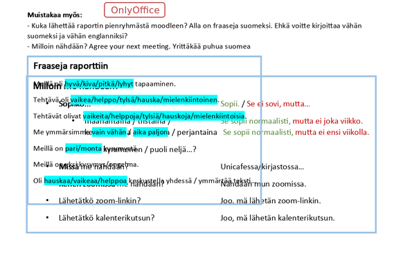 A word document with two text boxes with blue rectangular frame, they are layed out one on top of the other (content in Finnish). Compared to the original - one text box also changed its dimensions, becoming a bit narrower. Title - "OnlyOffice".