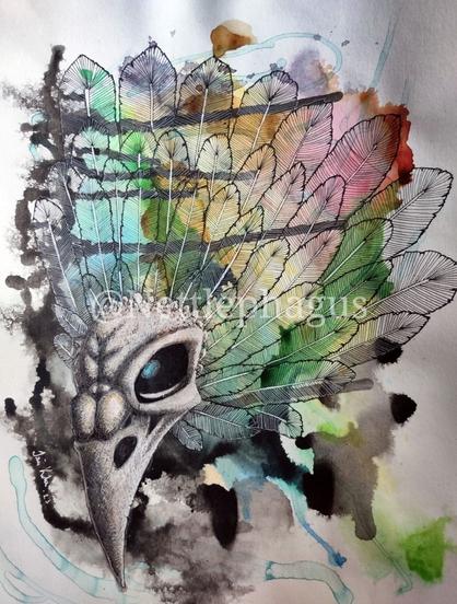 Weird painting of bird skull and colourful feathers. Kinda scary looking