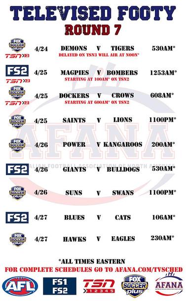 TV coverage in the USA and Canada for the AFL in Round 7. 
https://afana.tv
#AFANA #AFL #foxsports #TSN #TSN2 #FS2 #FSP