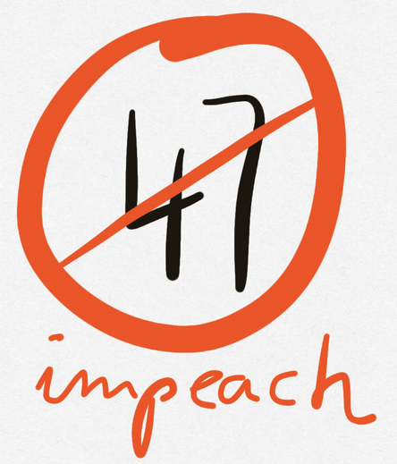 Verbotsschild mit der Zahl 47 und darunter das Wort „impeach“. Gezeichnet.