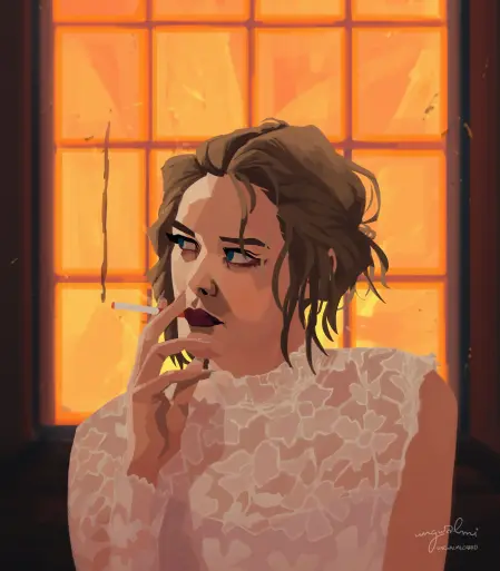 An illustration of Samara Weaving as she appears in the ending of the movie Ready or Not, smoking a cigarette in a torn wedding dress in front of a burning house.