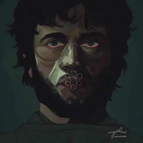 An illustration of Hugh Dancy as he appears in NBC's Hannibal, wearing a muzzle-type mask.