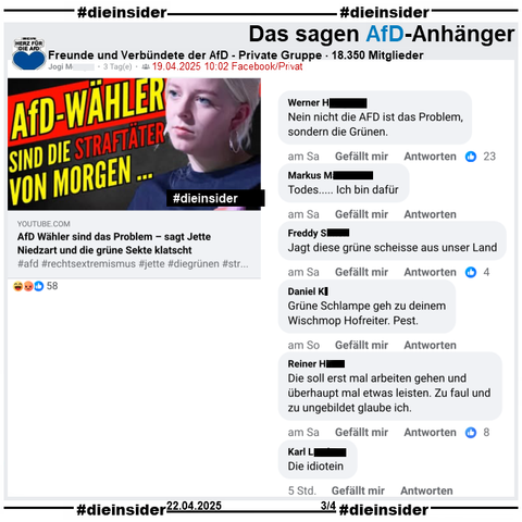 Geteilt wir ein Video, auf dem man Jette Nietzart, Vorsitzende der Grüne Jugend sieht und "AfD-Wähler sind die Straftäter von Morgen..." und "AfD Wähler sind das Problem - sagt Jette Niedzart und die grüne Sekte klatscht." steht.

Wir zeigen hier auf Slide 3 aus der 18.350 Mitglieder großen Gruppe "Freunde und Verbündete der AfD" einen Post mit u.a. den Kommentaren 
"Nein nicht die AFD ist das Problem, sondern die Grünen.", "Todes..... Ich bin dafür.", "Jagt diese grüne scheisse aus unser Land.", "Grüne Schlampe geh zu deinem Wischmop Hofreiter. Pest.", "Die soll erst mal arbeiten gehen und überhaupt mal etwas leisten. Zu faul und zu ungebildet glaube ich." und "Die idiotein."