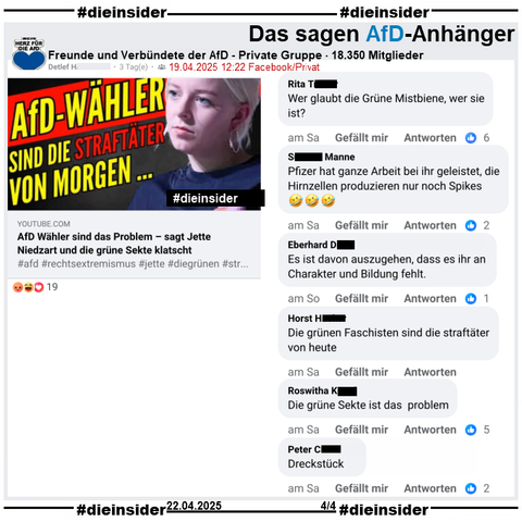 Geteilt wir ein Video, auf dem man Jette Nietzart, Vorsitzende der Grüne Jugend sieht und "AfD-Wähler sind die Straftäter von Morgen..." und "AfD Wähler sind das Problem - sagt Jette Niedzart und die grüne Sekte klatscht." steht.

Wir zeigen hier auf Slide 4 aus der 18.350 Mitglieder großen Gruppe "Freunde und Verbündete der AfD" einen weiteren Post mit u.a. den Kommentaren 
"Wer glaubt die Grüne Mistbiene, wer sie ist?", "Pfizer hat ganze Arbeit bei ihr geleistet, die Hirnzellen produzieren nur noch Spikes.", "Es ist davon auszugehen, dass es ihr an Charakter und Bildung fehlt.", "Die grünen Faschisten sind die straftäter von heute.", "Die grüne Sekte ist das Problem." und "Dreckstück."
