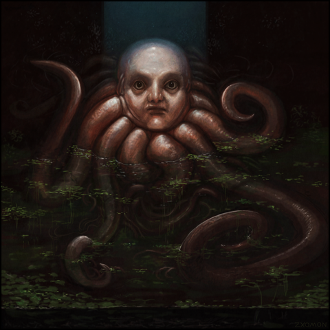 Digital drawing of a fantasy creature with a humans head and tentacle body, resting in shallow water with lots of small plants in it.