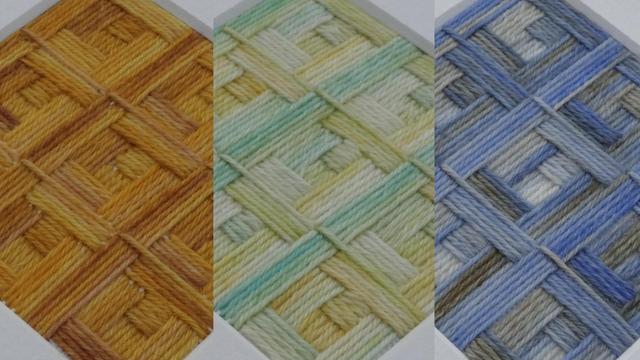 Collage of three angled shots of abstract stotched artworks in shades of orange, yellow/green and blues respectively. The stitches follow a pattern similar to the Log Cabin block design in quilting