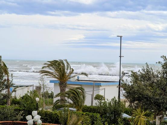 A coastal scene featuring rough sea waves crashing dramatically against a breakwater or jetty. In the foreground, palm trees bend in the strong wind, and a white building with a blue roof stands near the shoreline. The sky is overcast with thick, layered clouds, suggesting stormy weather. Greenery and street lamps add a touch of urban landscaping to the seaside setting.