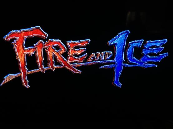 Title card for Fire And Ice. Written in big stylish letters. ‘Fire’ is red and ‘Ice’ is blue.