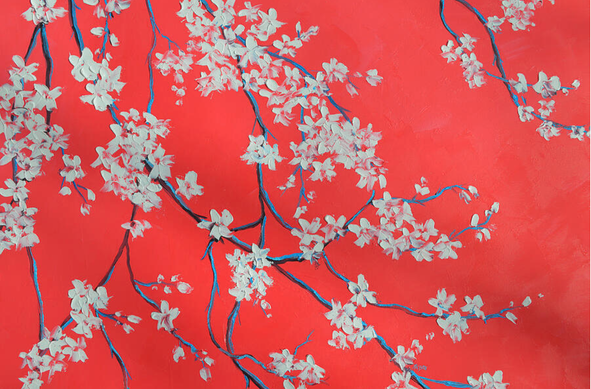 Delicate white Japanese cherry blossom branches are scattered across red silk creating a striking contrast. The floral arrangement suggests a sense of movement and growth, emphasized by the curving stems.