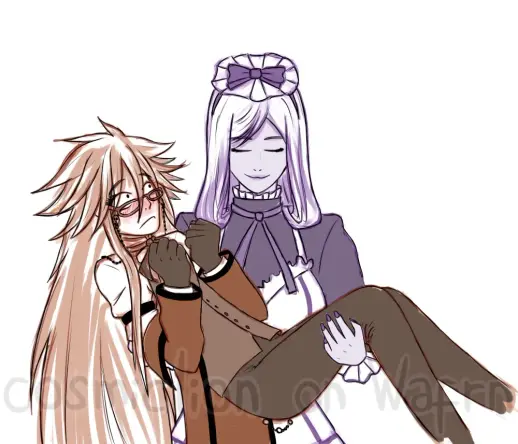 Digital sketch of Grell Sutcliff and Hannah Anafeloz from Black Butler. Hannah is drawn in purple tones from the waist up and Grell in red and brown tones almost in full body with the exception of her feet. Hannah is carrying Grell bridal style with a peaceful smile and Grell is blushing and staring at her with her eyes wide open. The background is white.