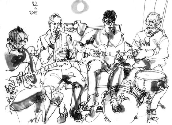 Ink drawing of four male musicIans, performing.