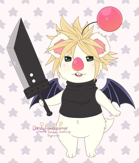cloud strife from final fantasy 7 turned into a moogle! 

this happened to him in game and its not as good, i decided i could do much better and so i did!

i gave his moogle form hid spikey blond hair, his turtle neck, black wings, and his buster sword!
