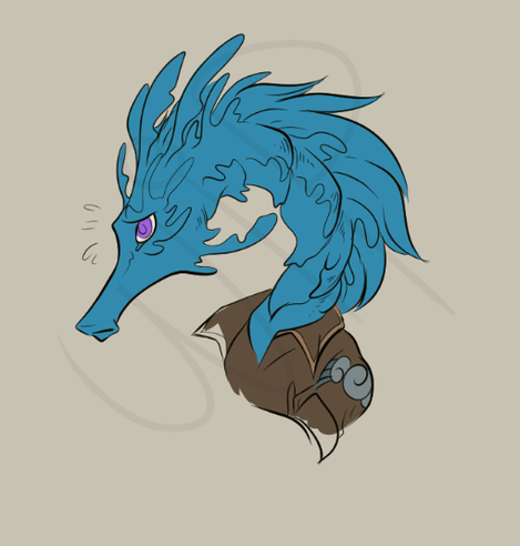 Blue anthro seahorse portrait with technician outfit & purple eyes