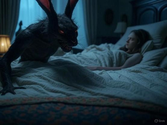 Eine unheimliche Szene in einem dunklen Schlafzimmer. Ein gruseliges Wesen mit dem Kopf eines Kaninchens, dessen Augen bedrohlich glühen, sitzt auf einer auf dem Rücken liegenden reglosen jungen Frau. Der Körper des Wesens ist humanoid, mit zerzaustem Fell bedeckt. Die Bettwäsche ist zerwühlt. Im Hintergrund ist ein Fenster mit hellblauen Vorhängen zu sehen, durch das schwaches Mondlicht hereinfällt.