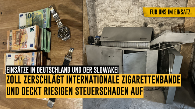 Im linken Teil des Fotos liegt eine große Menge Bargeld und mehrere teure Uhren. Im rechten Teil des Fotos sieht man eine Anlage, mit der Zigaretten hergestellt werden können. Text: Einsätze in Deutschland und der Slowakei - Zoll zerschlägt internationale Zigarettenbande und deckt riesigen Steuerschaden auf