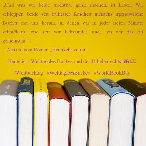 Die Unterseite mehrerer nebeneinanderstehender Bücher vor einem gelben Hintergrund, darüber in violetter Schrift das Zitat aus dem Text samt Quellenangabe, Infos und Hashtags zum Weltbuchtag.
Bild: Pixabay