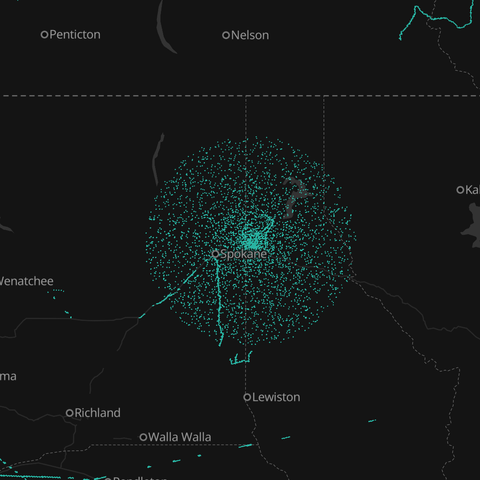 An orb formed by entries of the BeaconDB database. It is located on the area of Spokane, WA (USA).