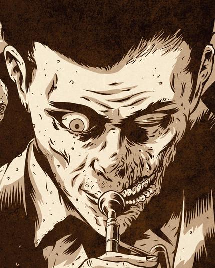 An imaginary cover for an imaginary version of Giètz! (detail). The image is filled by a close up of the main character while blowing the trumpet. He is a zombie, with parts of his face missing, teeth exposed and one eye bulb almost falling out of its orbit.