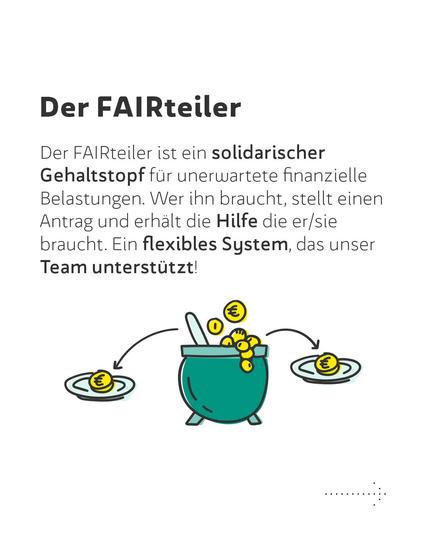 Der FAIRteiler
Der FAlRteiler ist ein solidarischer Gehaltstopf für unerwartete finanzielle Belastungen. Wer ihn braucht, stellt einen Antrag und erhält die Hilfe die er/sie braucht. Ein flexibles System, das unser Team unterstützt!