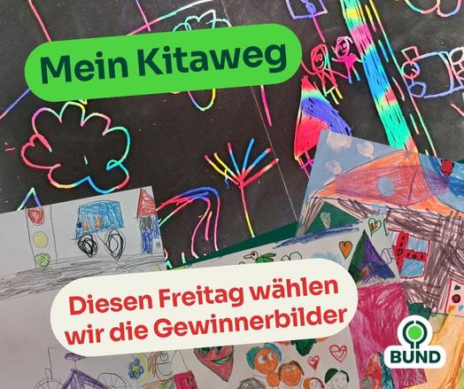 Verschiedene Kinderzeichnungen. Darüber Text: Mein Kitaweg – Diesen Freitag ählen wir die Gewinnerbilder