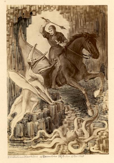 An old monochrome painting of a knight, Saint George, mounted on a horse about to clout a nearby pterosaur on the head with a mace. The setting is Fingal's Cave on the island of Staffa in Scotland, with columnar basalt all around. For some reason an octopus beneath the horse also appears to be aiding the pterosaur in its fight.