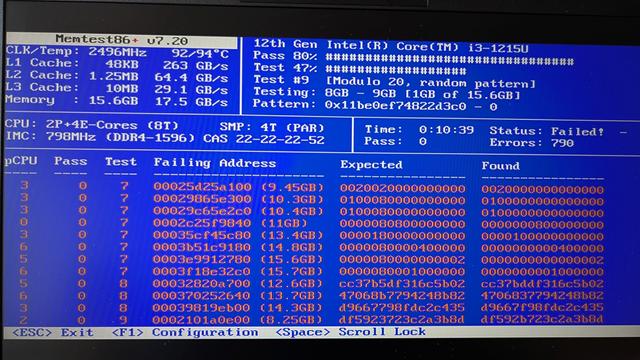 Bildschirm eines Memtests mit Fehlern
